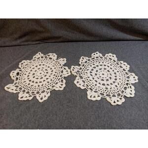 Crochet Doily White 8" x 8.5" Medallion Style Lace Round Knit Vtg Set Of 2